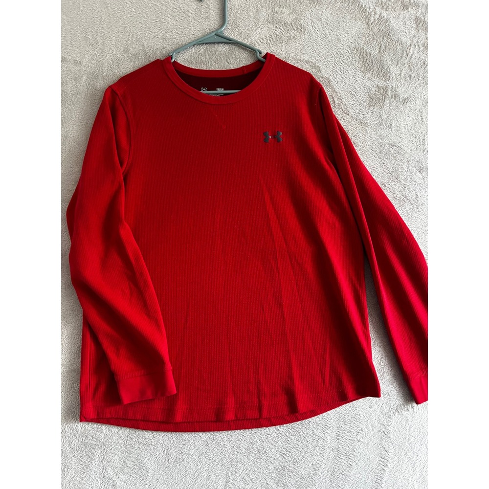 Under Armour ColdGear Mens Large Red Waffle Knit Thermal Long Sleeve Shirt Loose